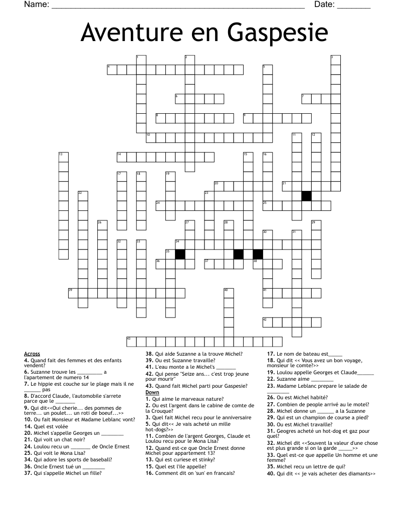 Aventure en Gaspesie Crossword