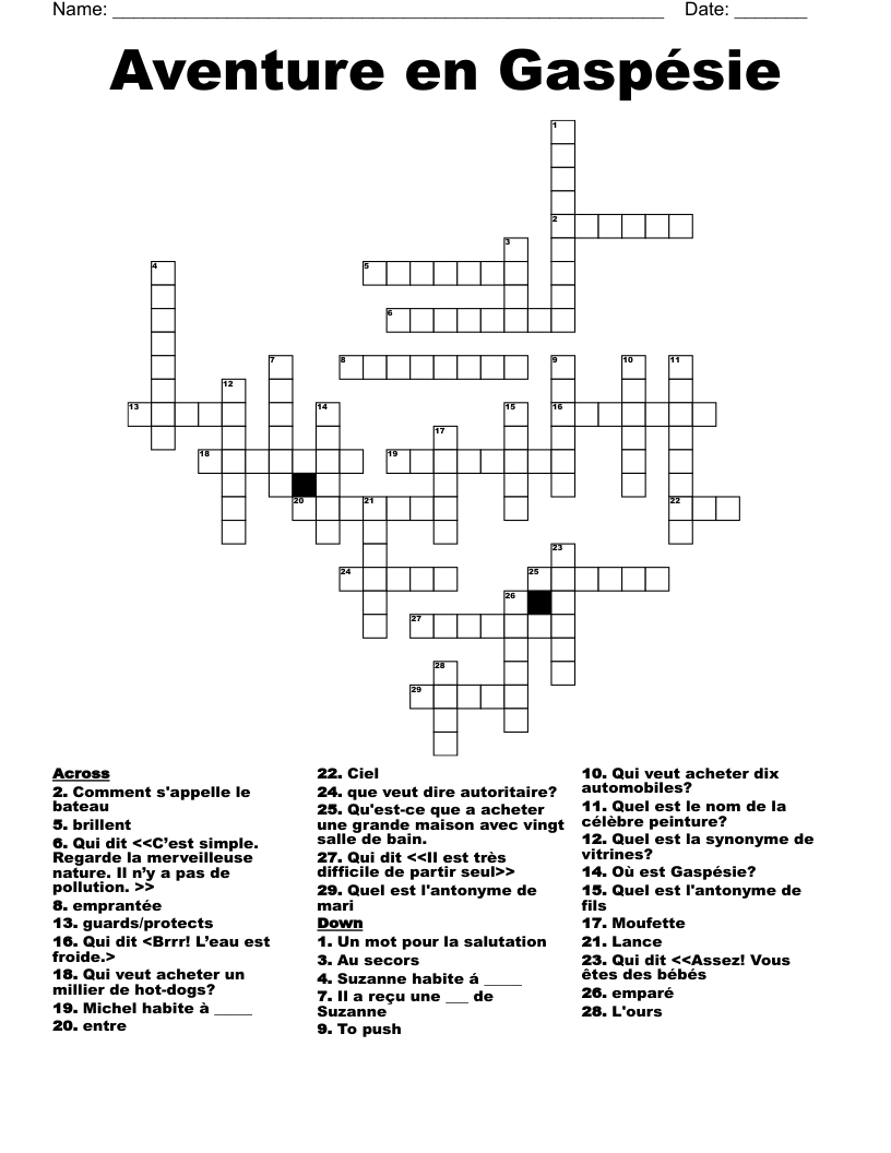 Aventure en Gaspésie Crossword
