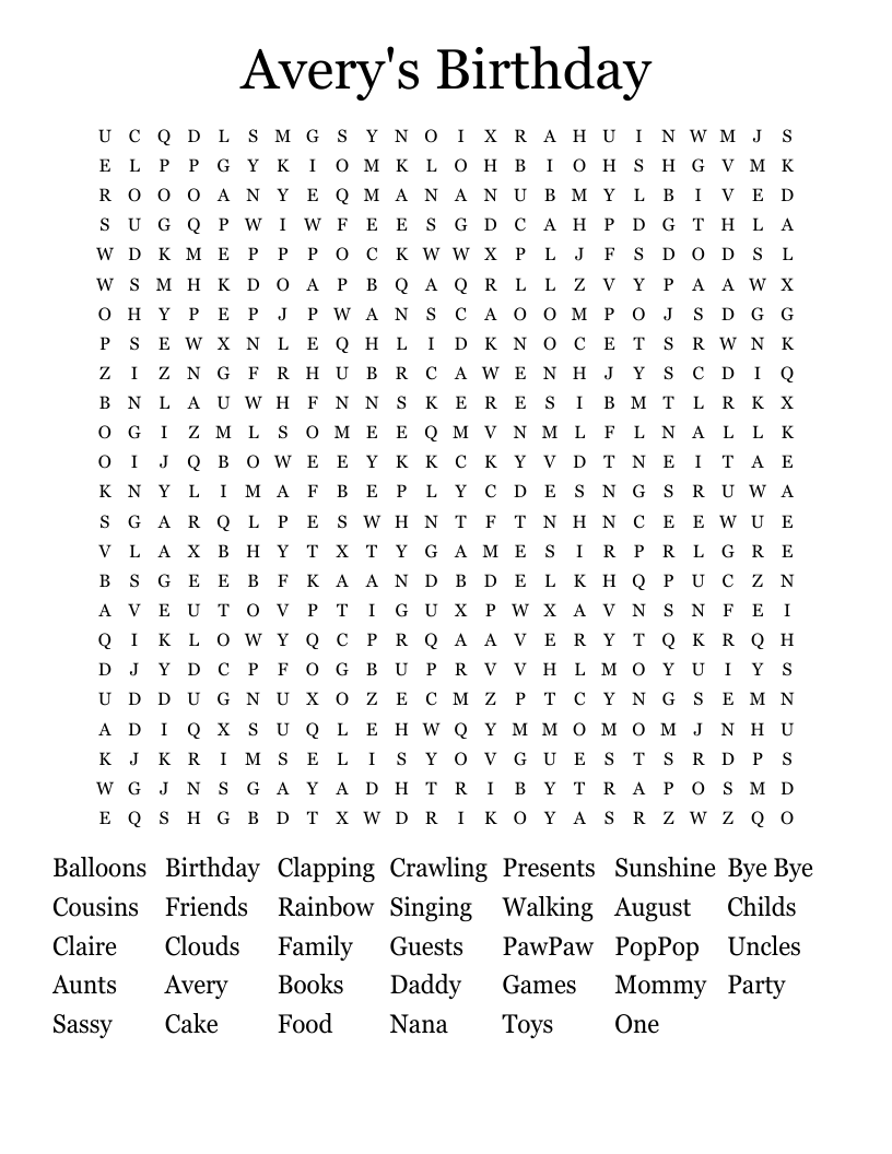 Avery's Birthday Word Search