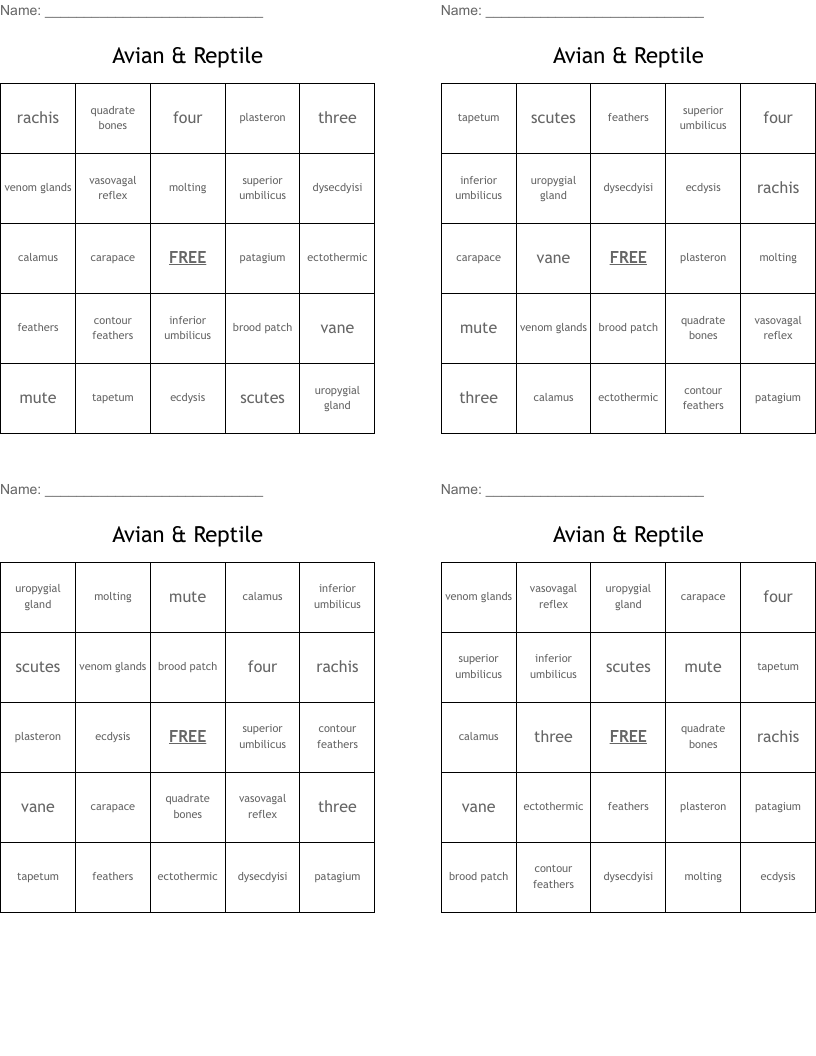 Avian & Reptile Bingo Cards
