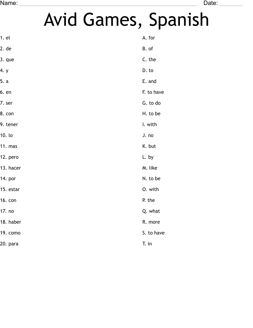 Avid Games, Spanish Worksheet