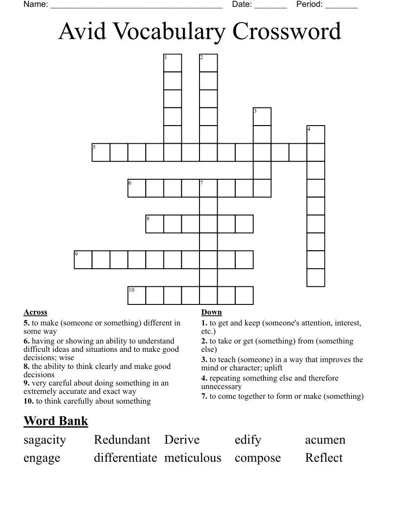 Avid Vocabulary Crossword