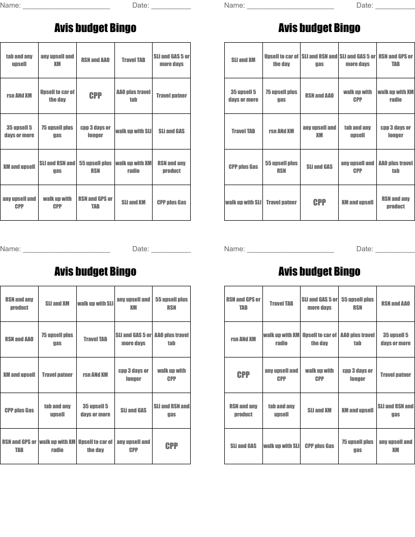 Avis budget Bingo