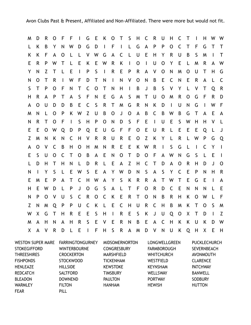 Avon Clubs Past & Present, Affiliated and Non-Affiliated. There were more but would not fit. Word Search