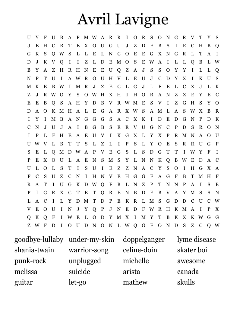Avril Lavigne Word Search