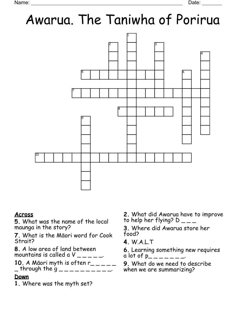 Awarua. The Taniwha of Porirua Crossword