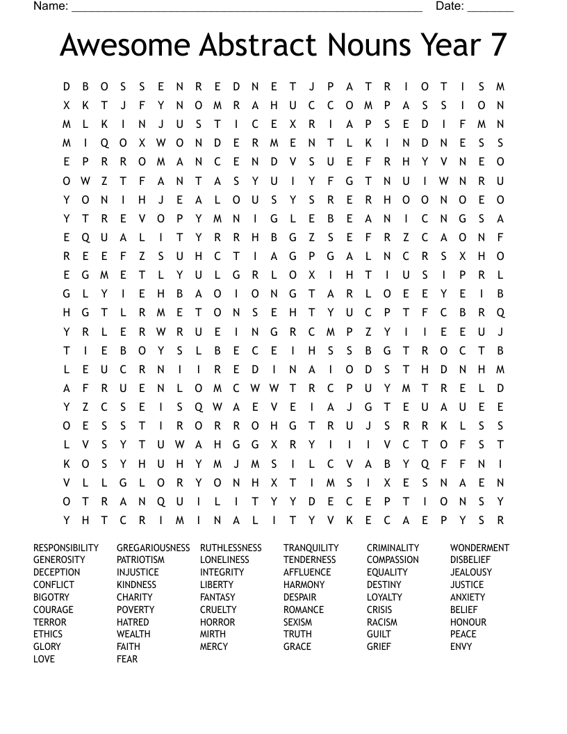 Awesome Abstract Nouns Year 7 Word Search