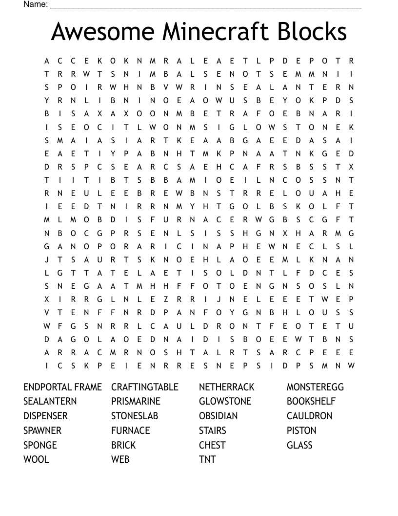 Awesome Minecraft Blocks Word Search