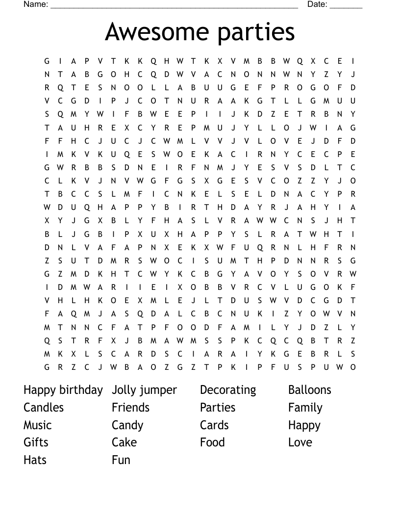 Awesome parties Word Search