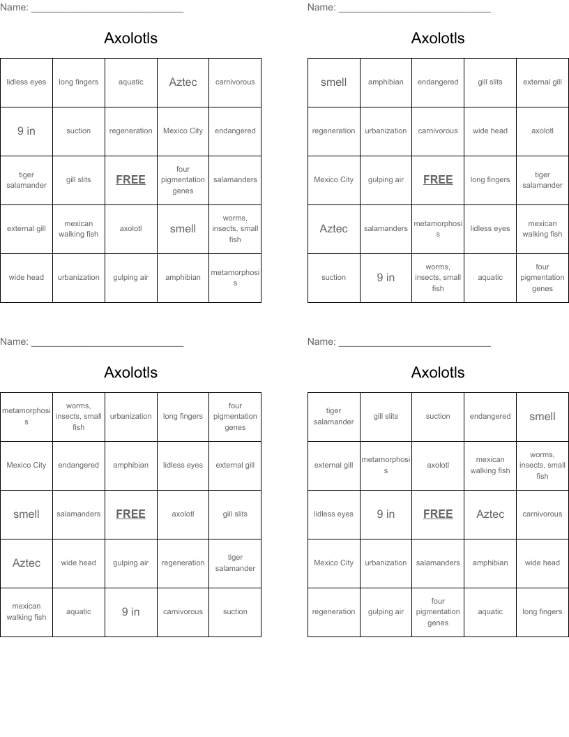 Axolotls Bingo Cards