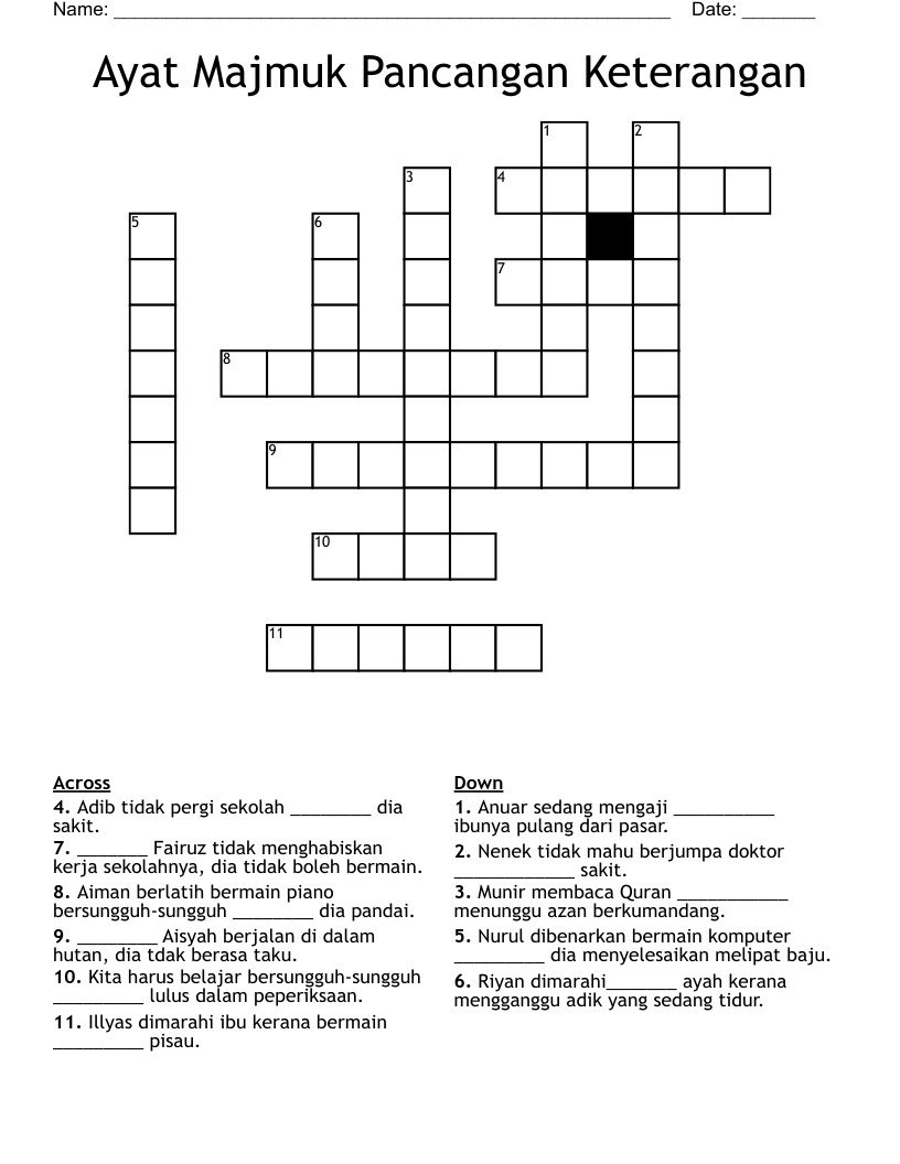 Ayat Majmuk Pancangan Keterangan Crossword
