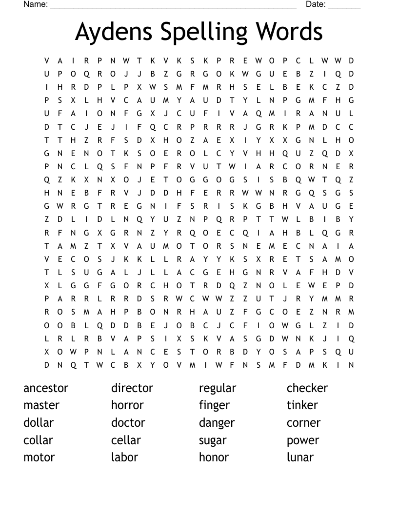 Aydens Spelling Words Word Search