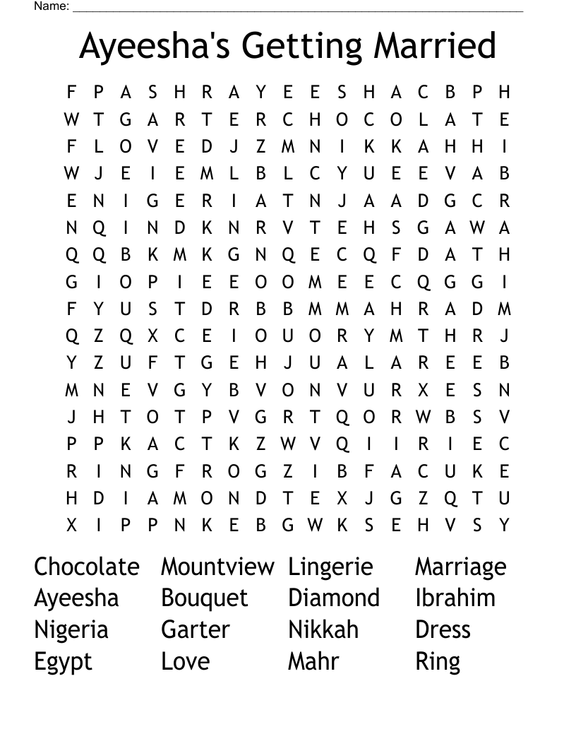 Ayeesha's Getting Married Word Search