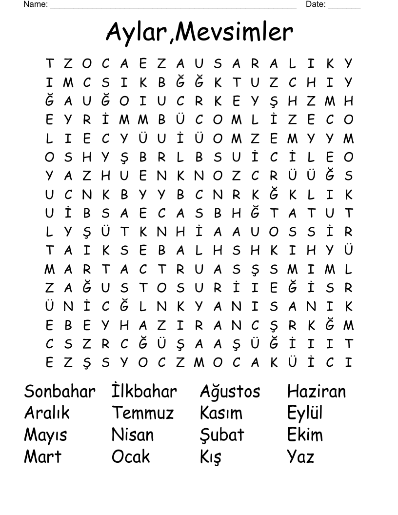 Aylar,Mevsimler Word Search