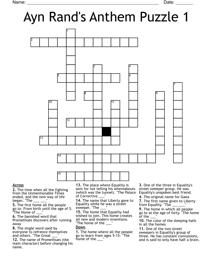 Ayn Rand's Anthem Puzzle 1 Crossword
