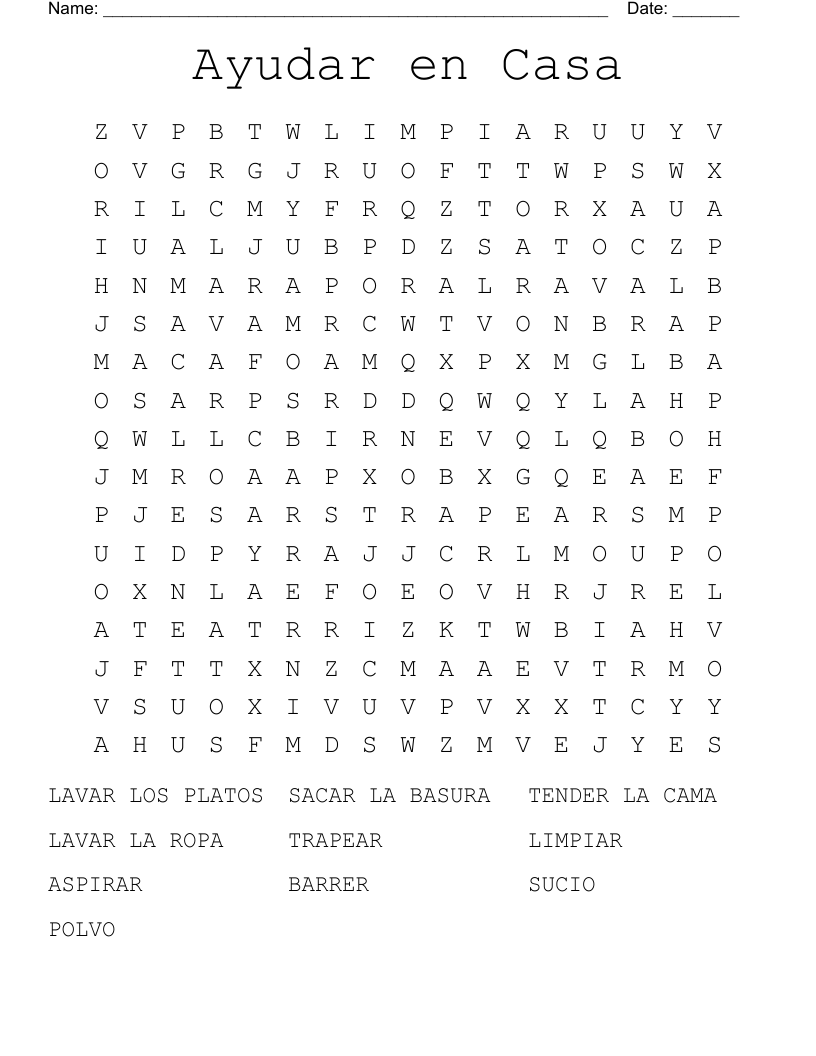Ayudar en Casa Word Search