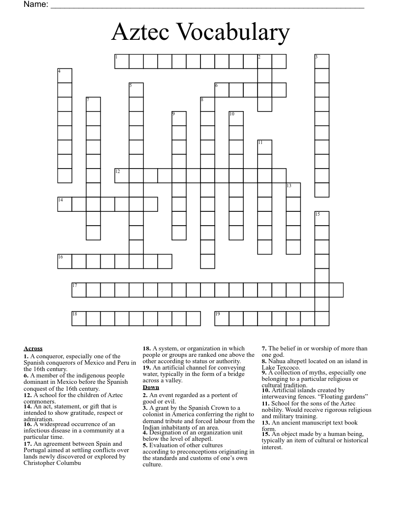 Aztec Vocabulary Crossword