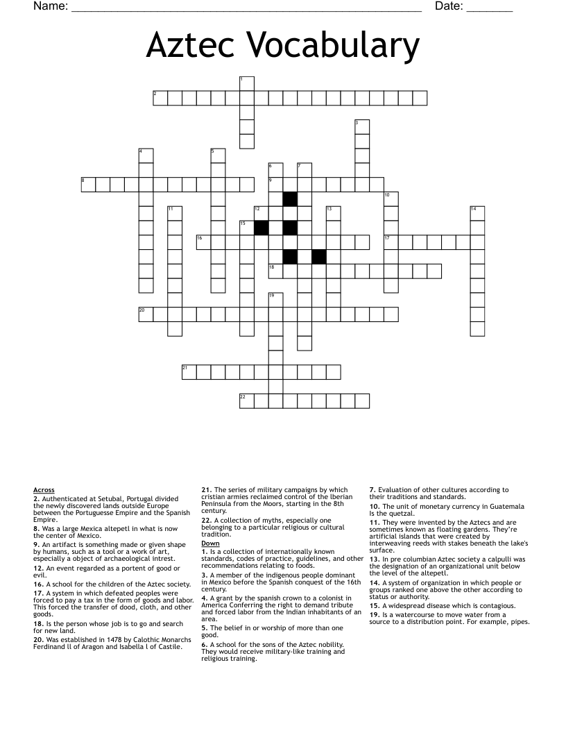 Aztec Vocabulary Crossword