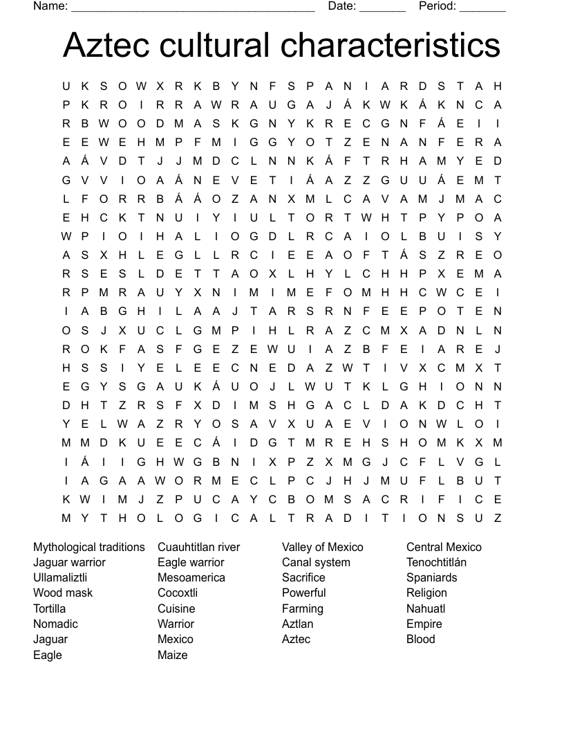 Aztec cultural characteristics  Word Search