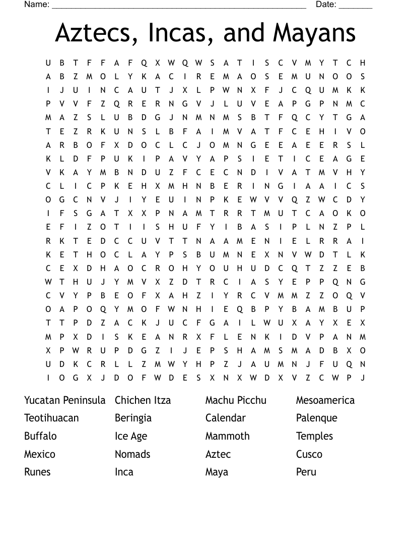 Aztecs, Incas, and Mayans Word Search
