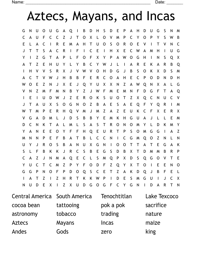 Aztecs, Mayans, and Incas Word Search