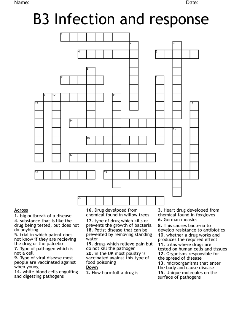 B3 Infection and response Crossword
