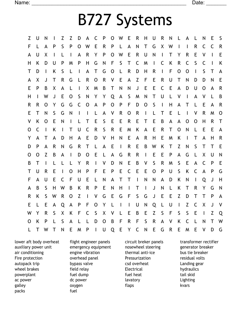 B727 Systems Word Search
