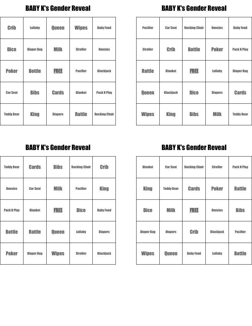 BABY K's Gender Reveal Bingo Cards