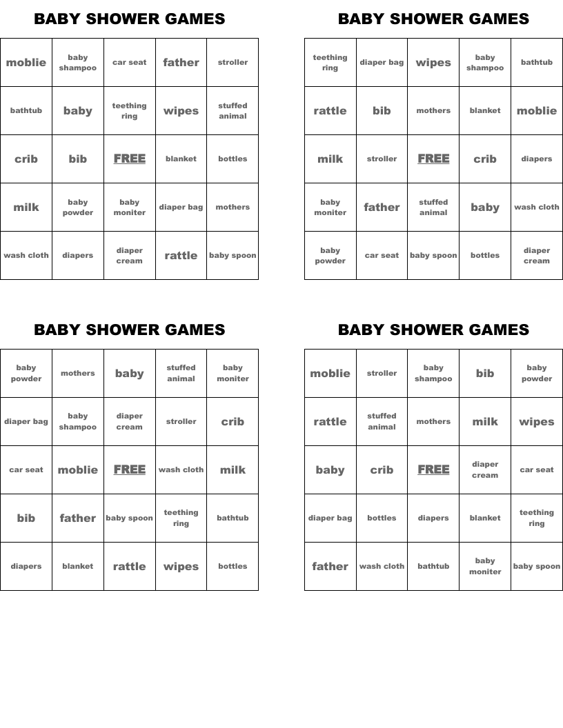 BABY SHOWER GAMES Bingo Cards