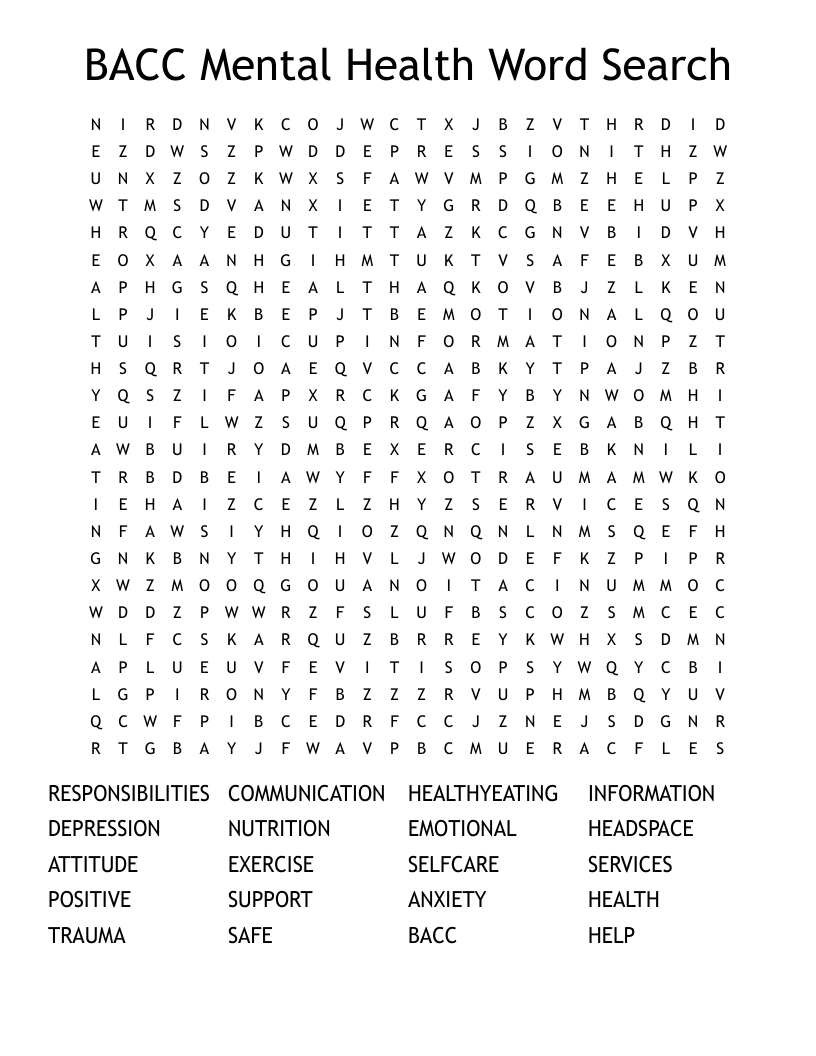 BACC Mental Health Word Search
