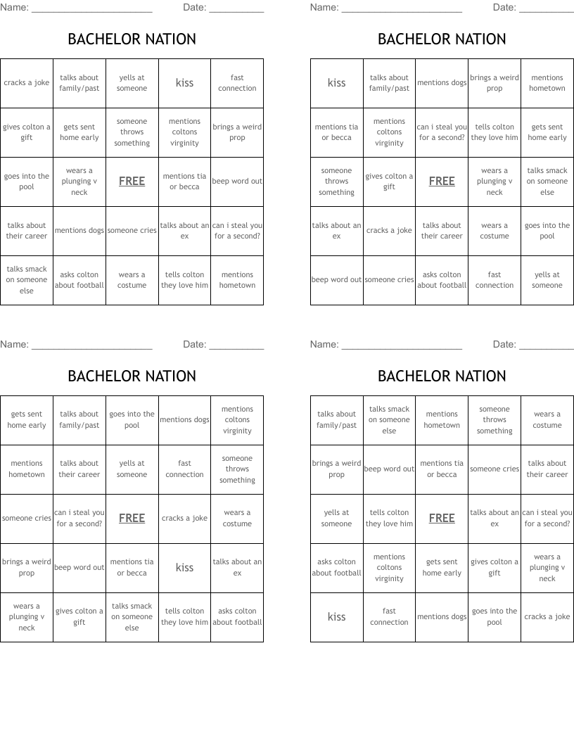 BACHELOR NATION Bingo Cards