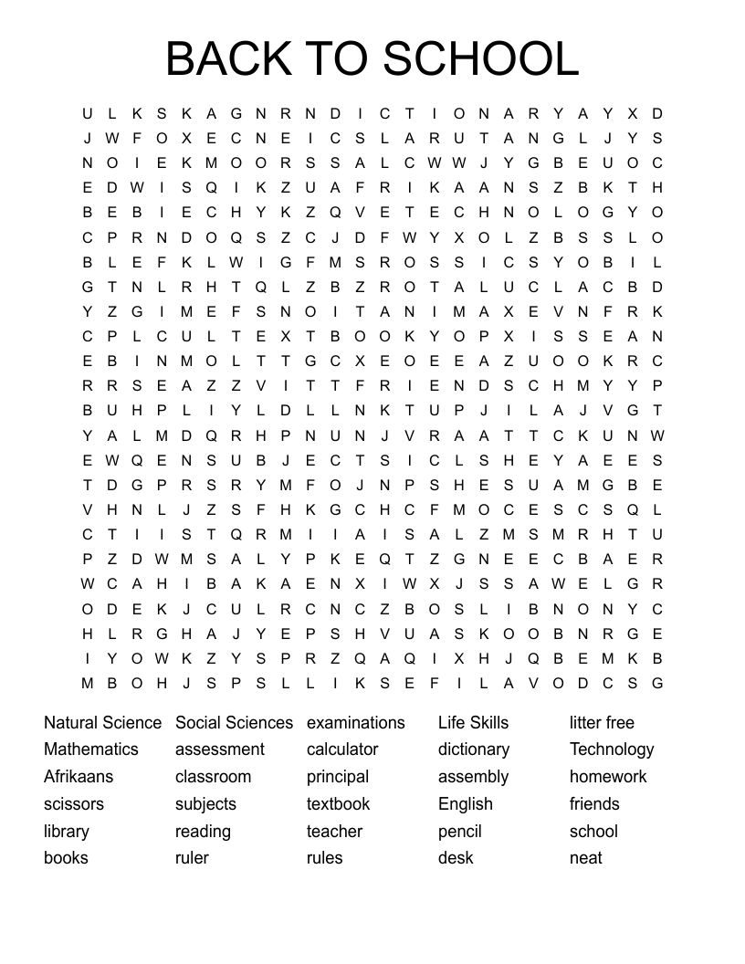 BACK TO SCHOOL Word Search