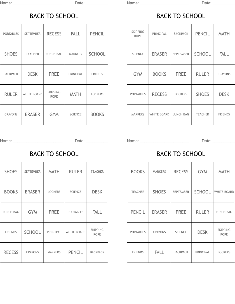 BACK TO SCHOOL Bingo Cards