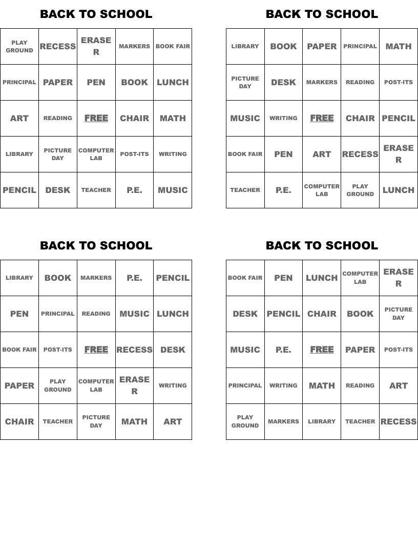 BACK TO SCHOOL Bingo Cards