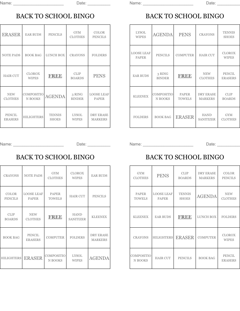 BACK TO SCHOOL BINGO