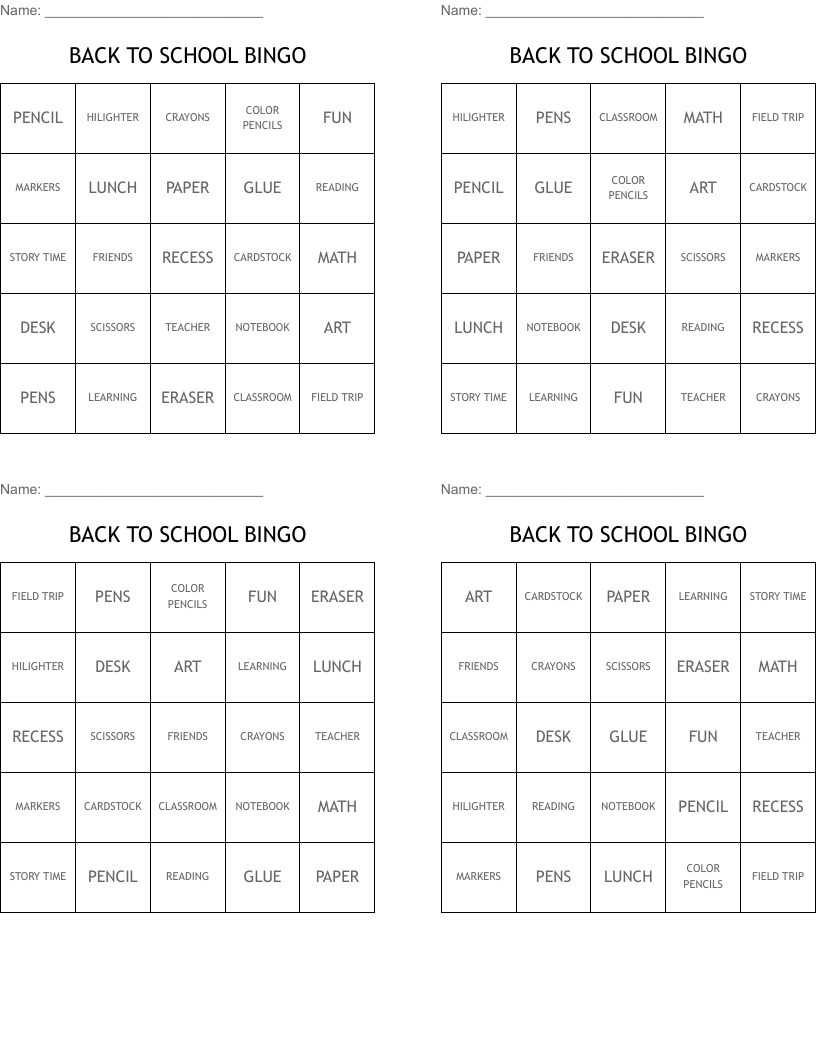 BACK TO SCHOOL BINGO