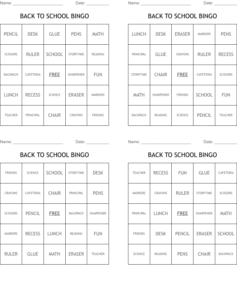 BACK TO SCHOOL BINGO