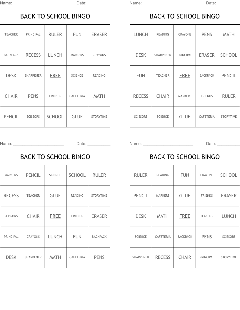 BACK TO SCHOOL BINGO