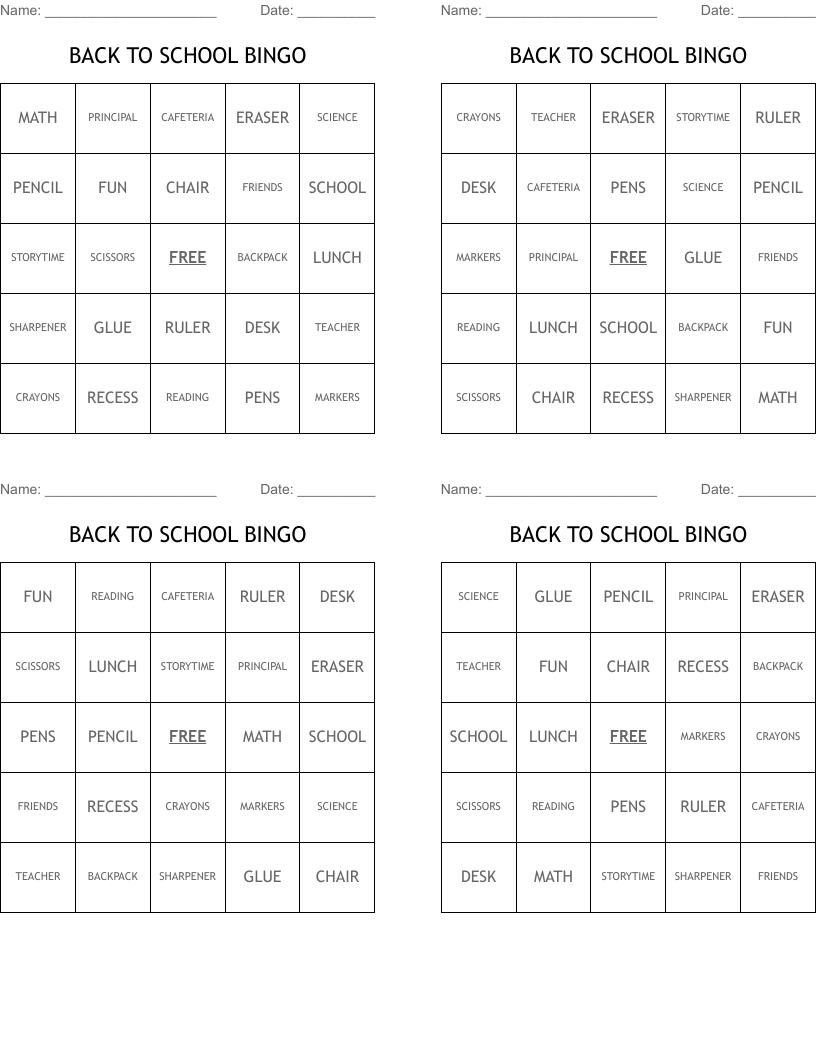 BACK TO SCHOOL BINGO
