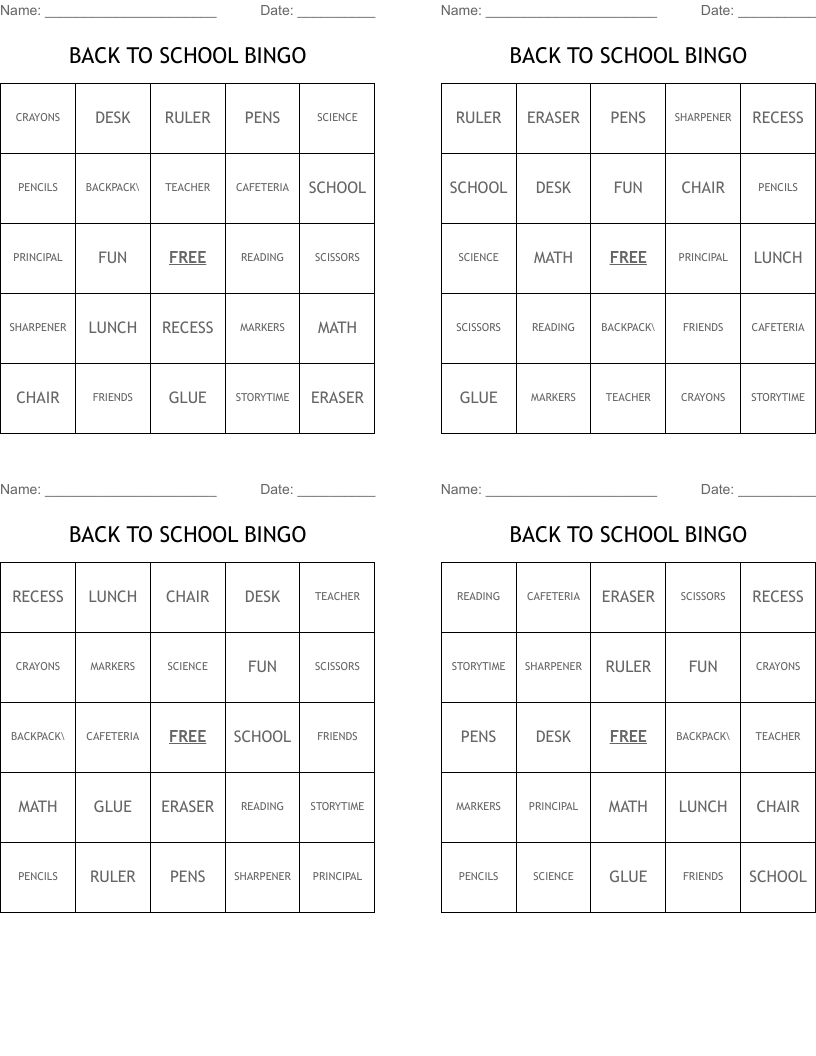 BACK TO SCHOOL BINGO