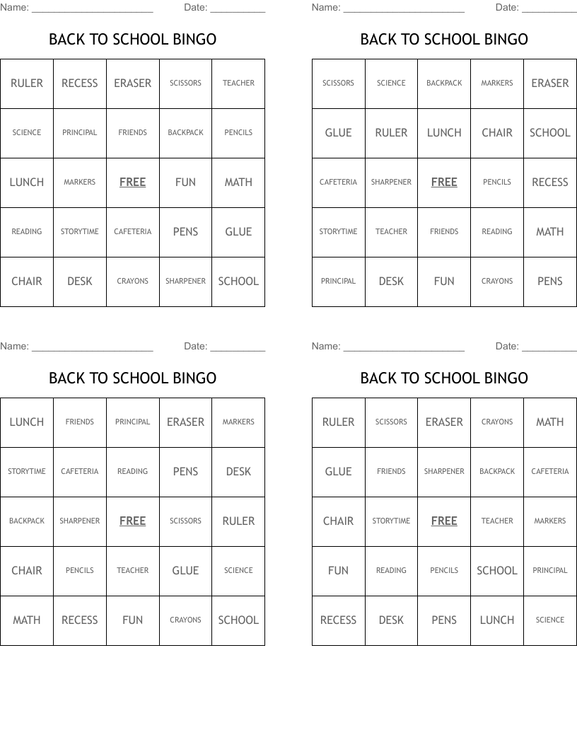 BACK TO SCHOOL BINGO