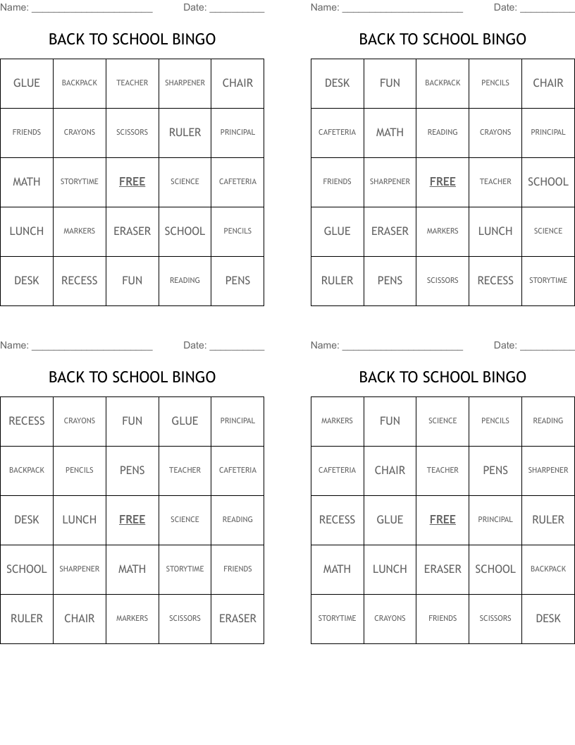 BACK TO SCHOOL BINGO