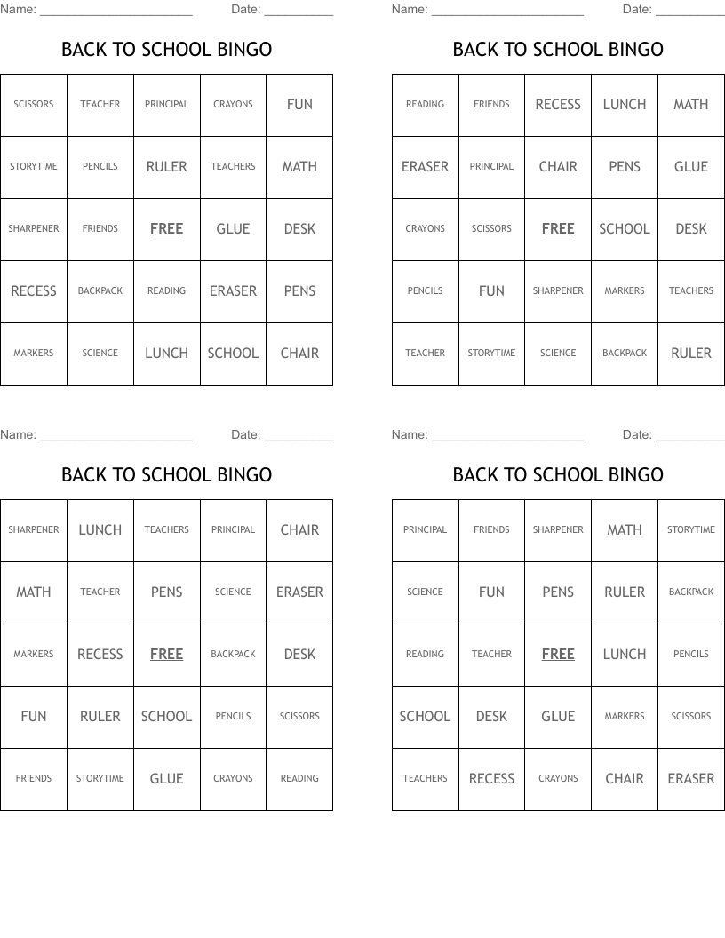 BACK TO SCHOOL BINGO