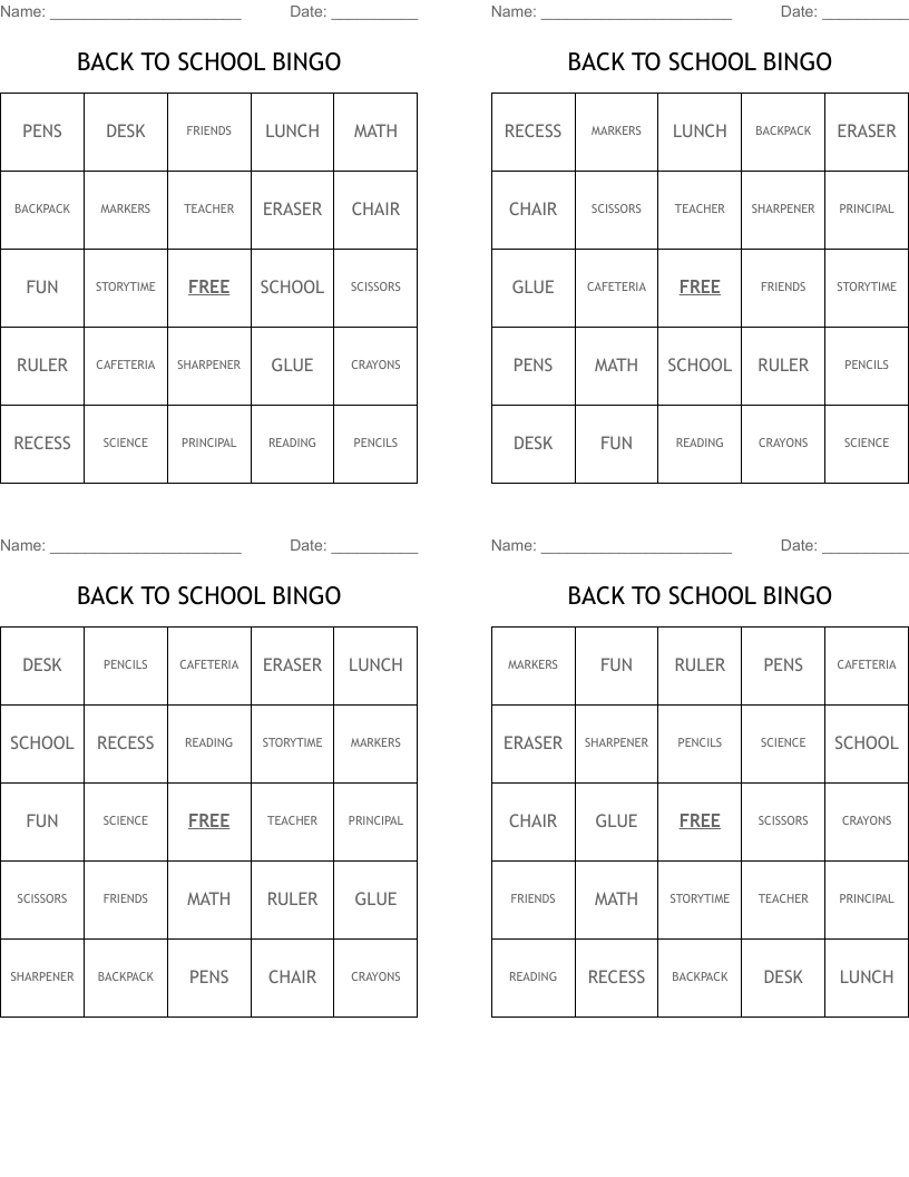 BACK TO SCHOOL BINGO