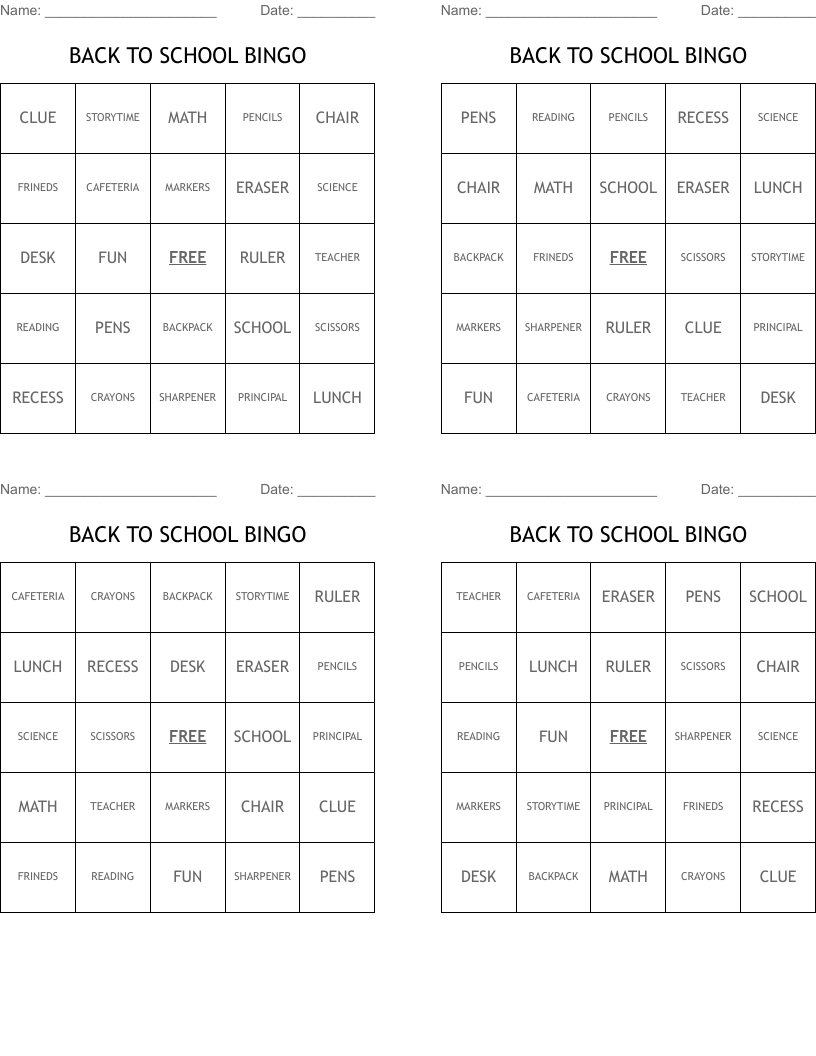 BACK TO SCHOOL BINGO