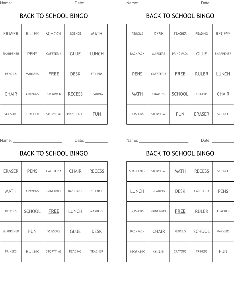 BACK TO SCHOOL BINGO
