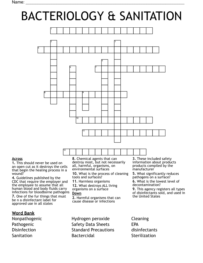 BACTERIOLOGY & SANITATION Crossword