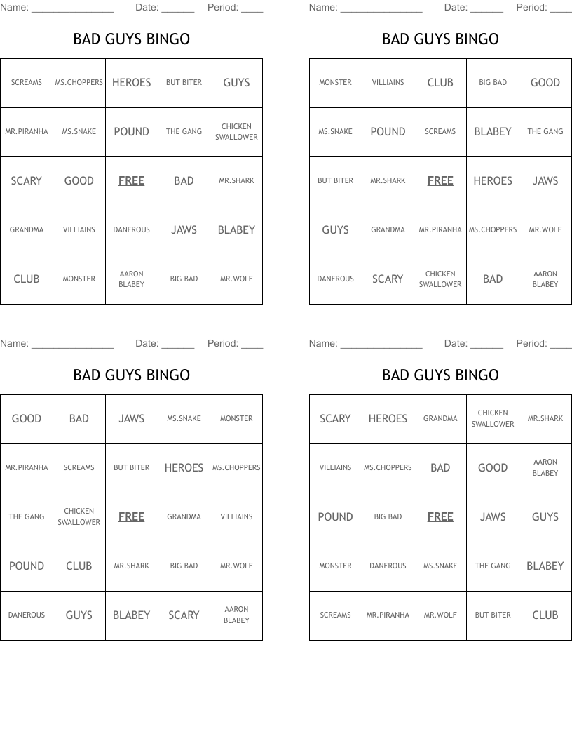 BAD GUYS BINGO