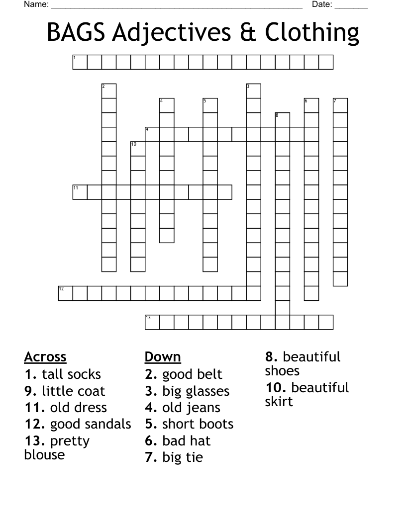 BAGS Adjectives & Clothing Crossword