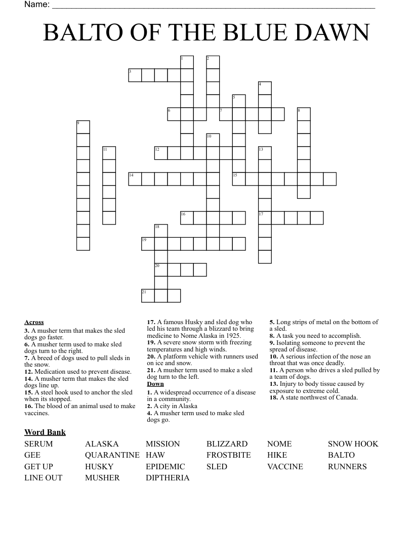 BALTO OF THE BLUE DAWN Crossword